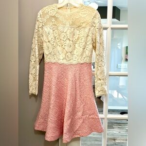 Cream lace top dress with pink wool with metallic sparkles